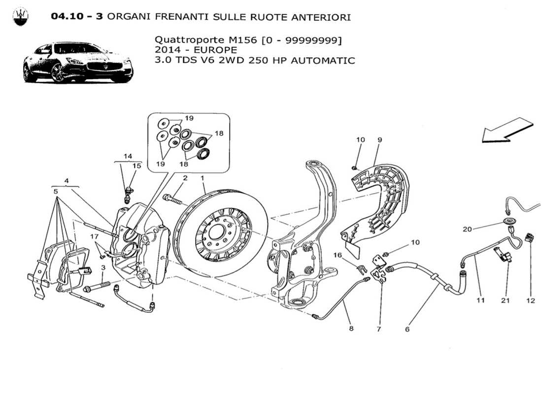 maserati qtp. v6 3.0 tds 250bhp 2014 diagrama de piezas de los dispositivos de frenado en las ruedas delanteras