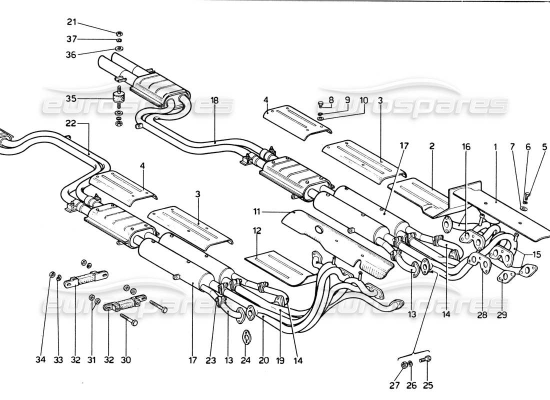 ferrari 365 gtb4 daytona (1969) diagrama de piezas del sistema de escape