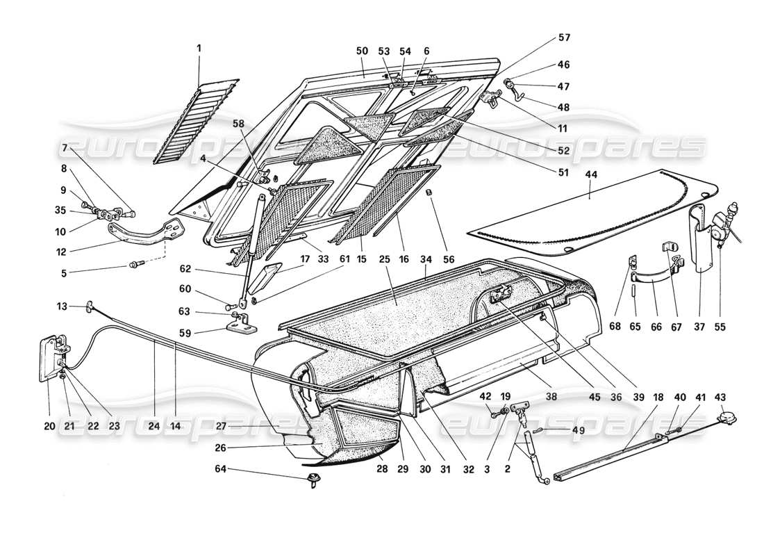 ferrari 308 gtb (1980) diagrama de piezas del capó trasero y cubierta del maletero (variantes para rhd - versiones aus)