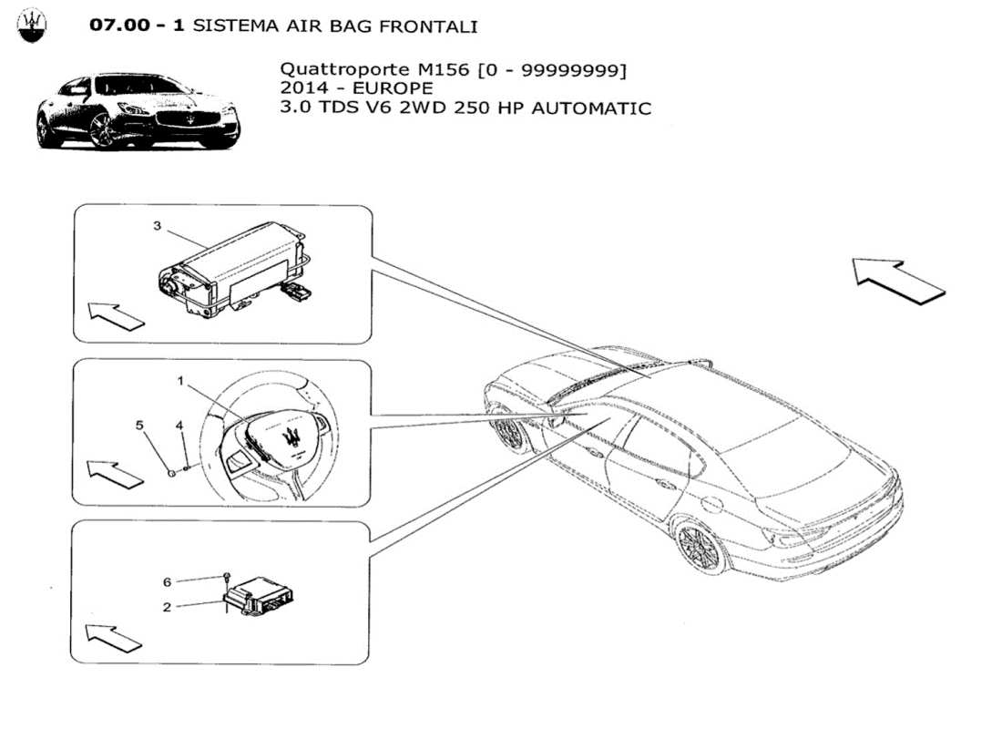 maserati qtp. v6 3.0 tds 250bhp 2014 diagrama de piezas del sistema de airbag delantero