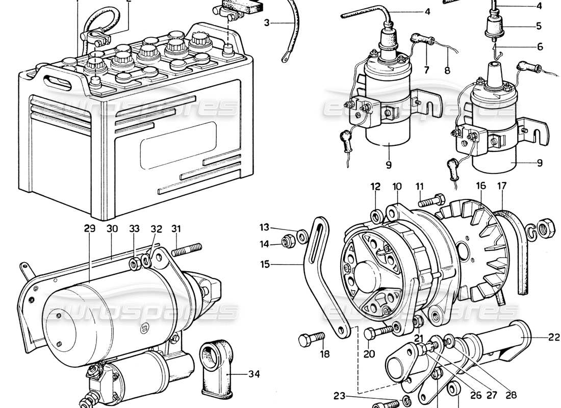 ferrari 365 gtb4 daytona (1969) diagrama de piezas del generador, bobinas del acumulador y motor de arranque