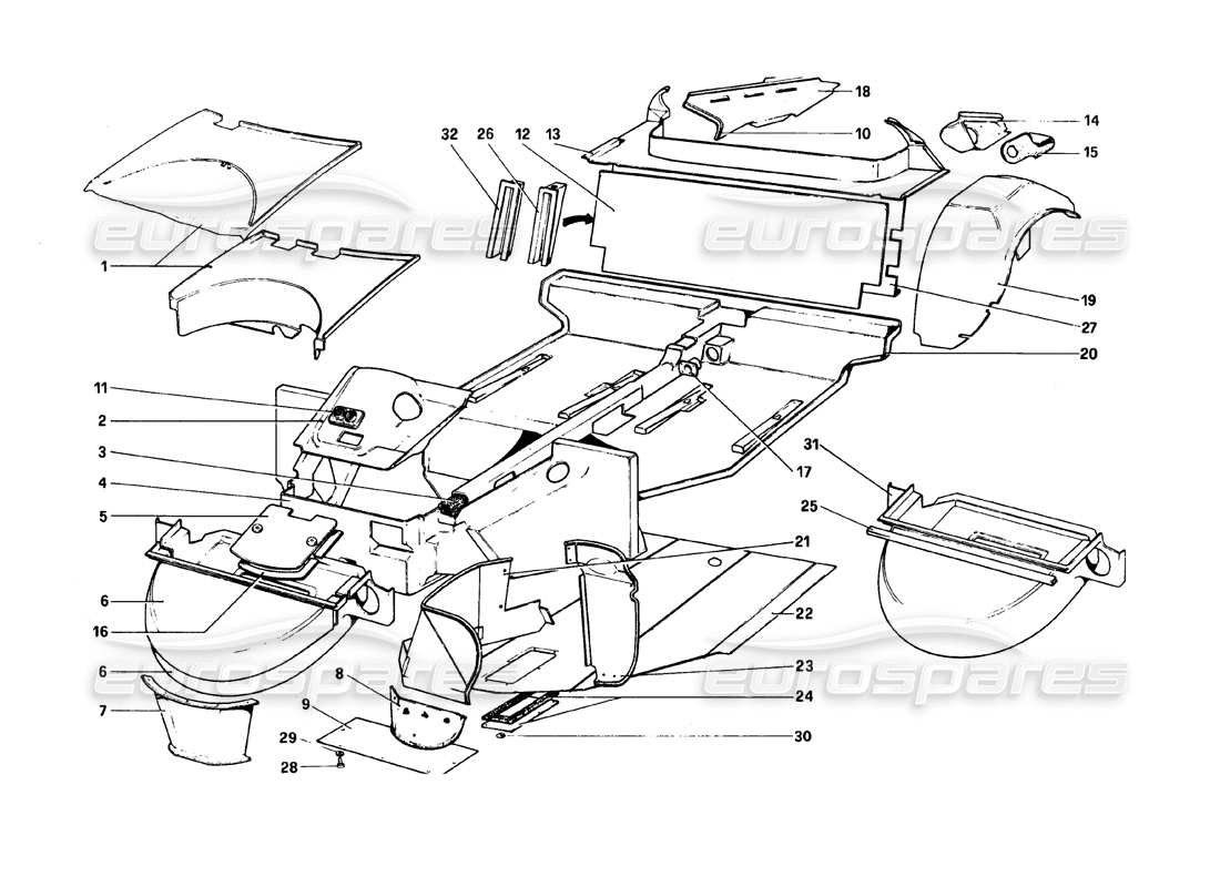 ferrari 308 gtb (1980) carrocería - elementos internos (variantes para rhd - versiones aus) diagrama de piezas