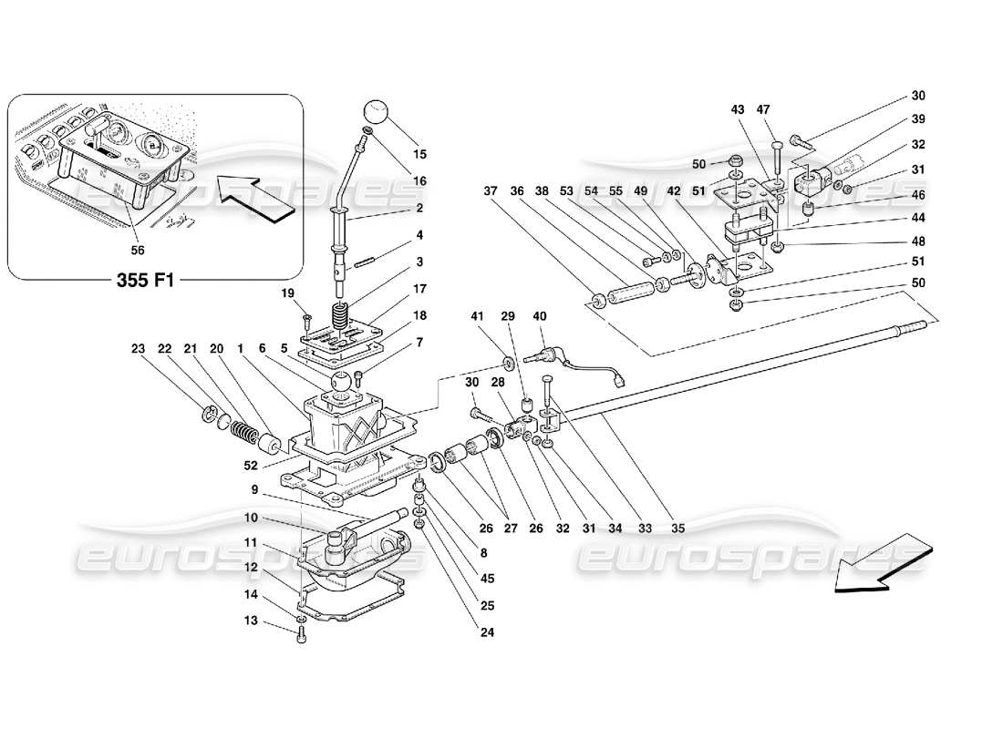 ferrari 355 (5.2 motronic) controles exteriores de la caja de cambios diagrama de piezas
