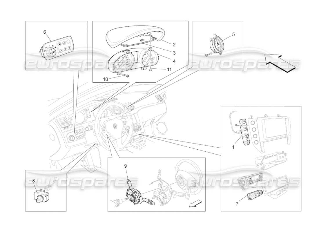 maserati grancabrio (2010) 4.7 diagrama de piezas de los dispositivos del tablero