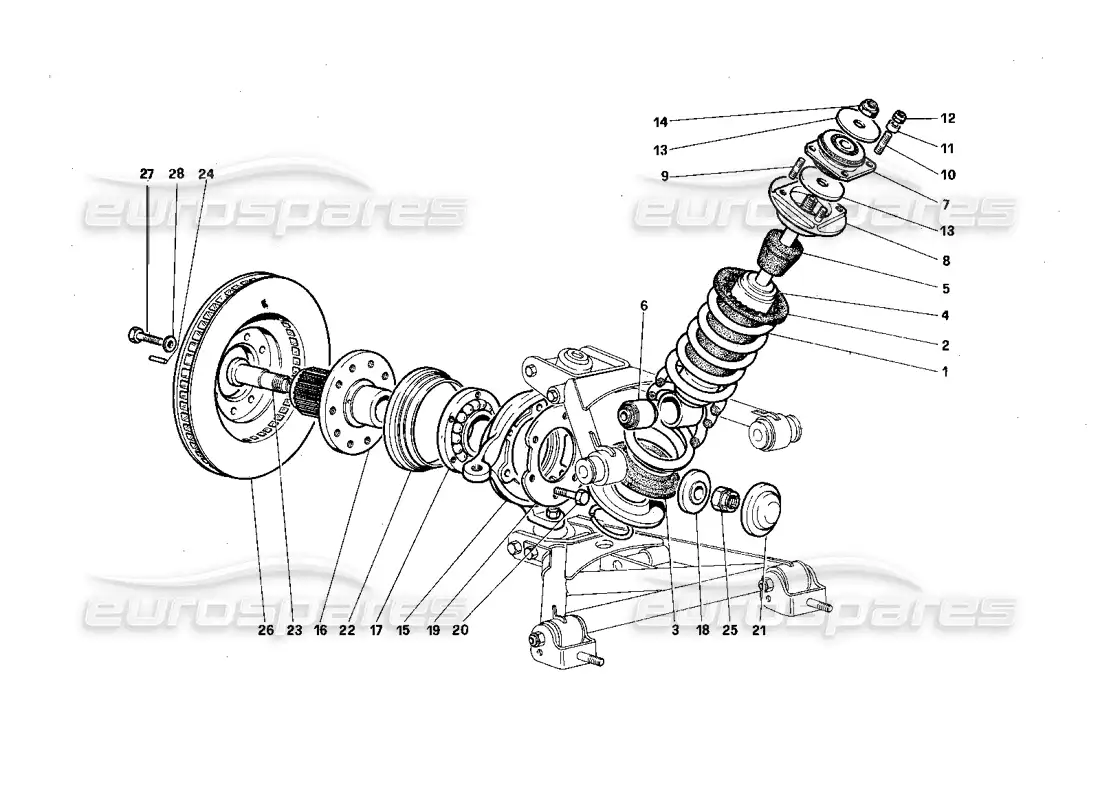 ferrari testarossa (1987) suspensión delantera - amortiguador y disco de freno diagrama de piezas