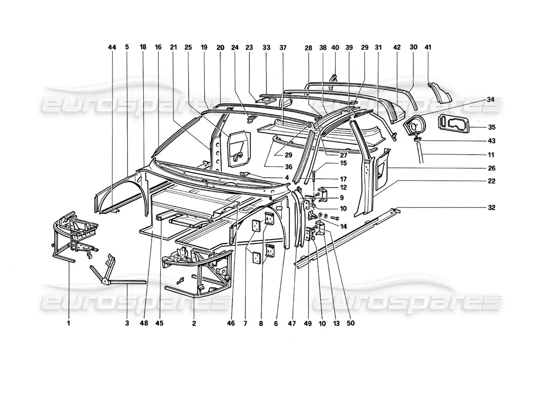 ferrari testarossa (1990) cuerpo - diagrama de piezas de componentes internos