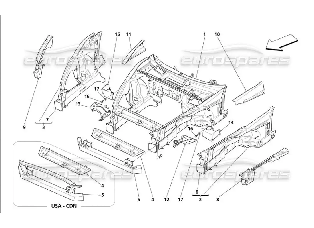 maserati 4200 gransport (2005) estructura frontal diagrama de piezas