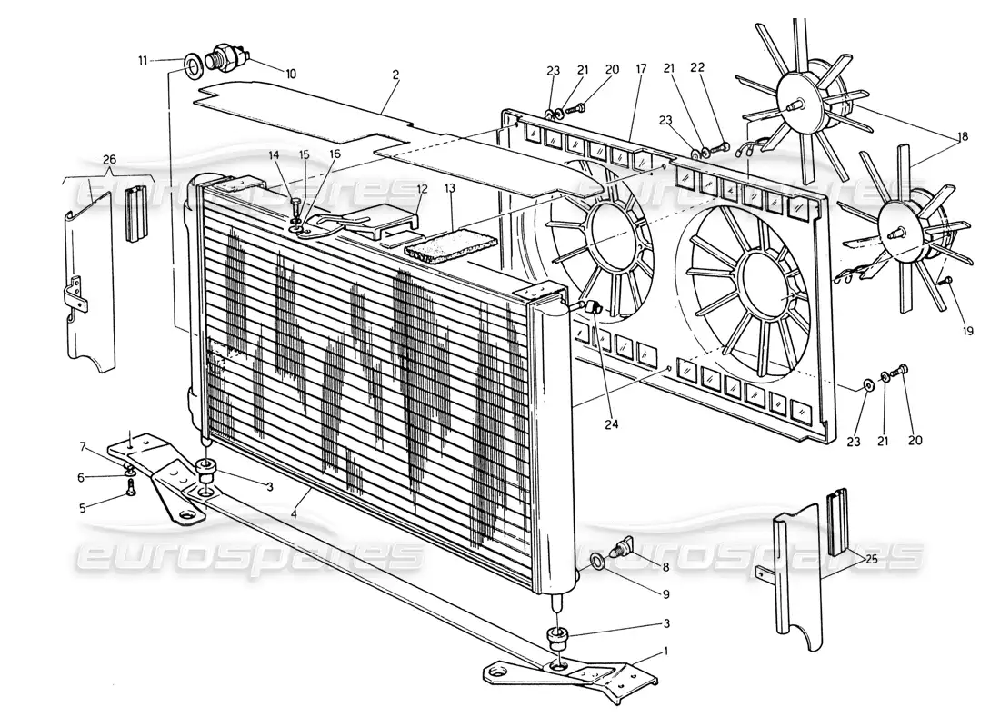 maserati 222 / 222e biturbo radiador y ventiladores de refrigeración diagrama de piezas
