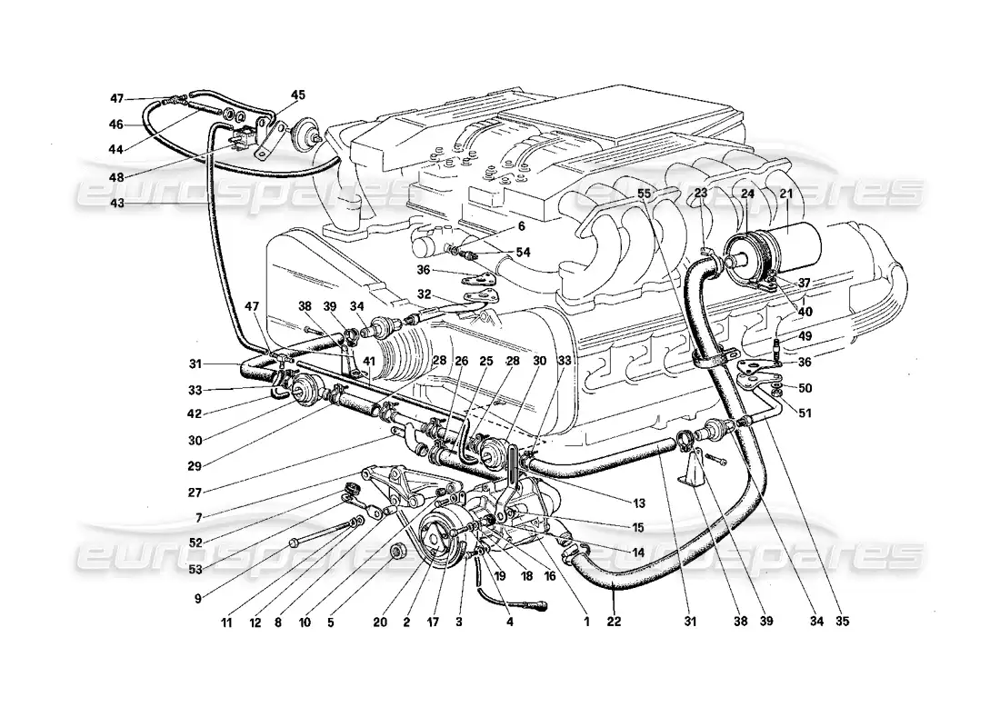 ferrari testarossa (1987) diagrama de piezas de la bomba de aire secundaria y las líneas (para la versión de ee. uu.)