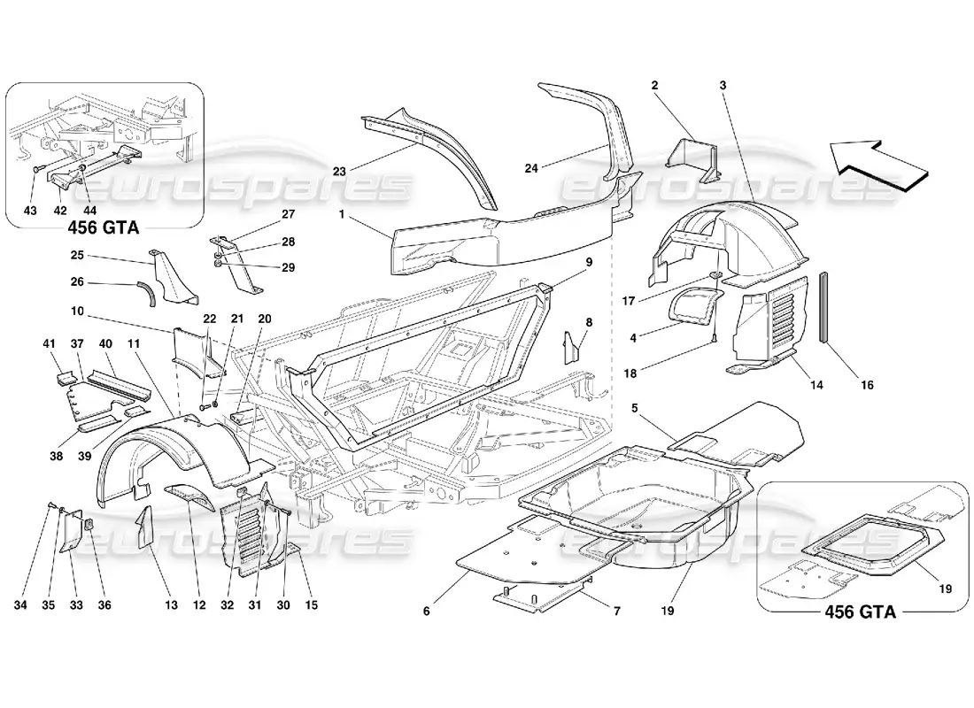 ferrari 456 gt/gta estructuras y componentes traseros diagrama de piezas