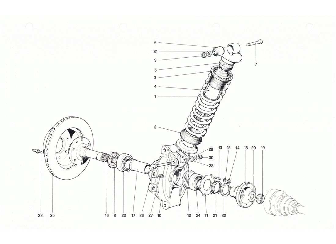 ferrari 208 gtb gts suspensión trasera - amortiguador y disco de freno diagrama de piezas
