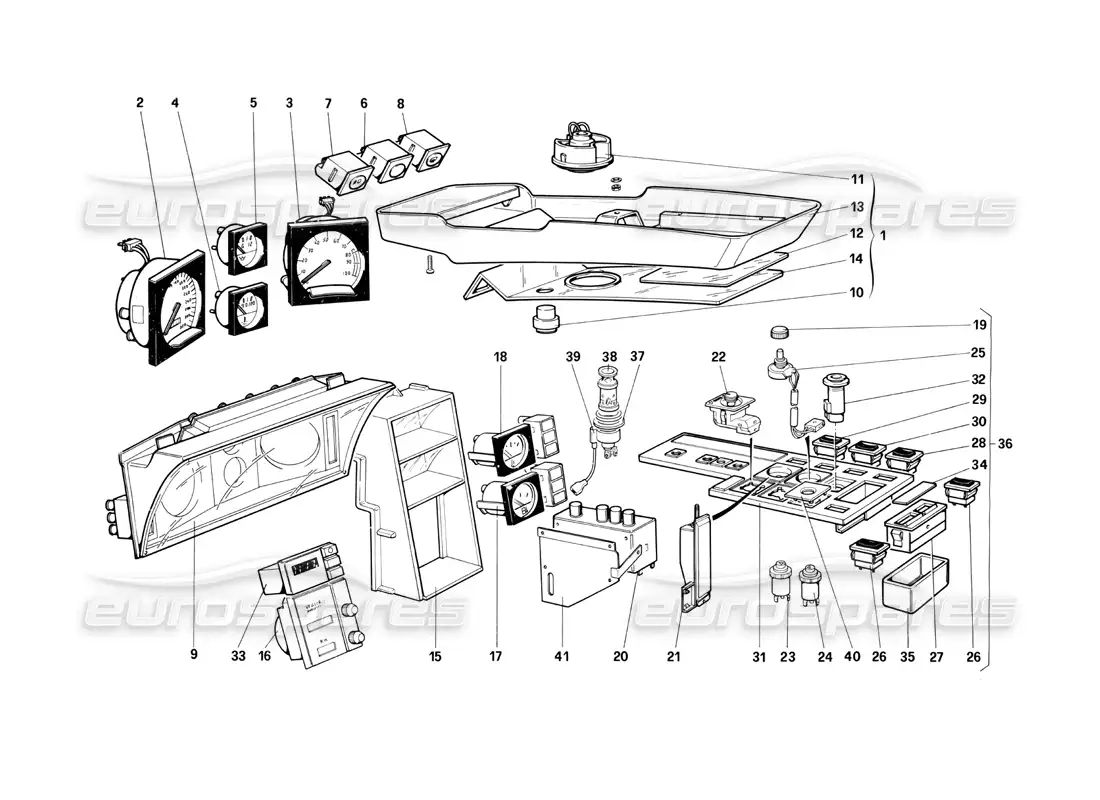 ferrari testarossa (1990) instrumentos y accesorios del compartimiento del pasajero (no para la versión de ee. uu.) diagrama de piezas