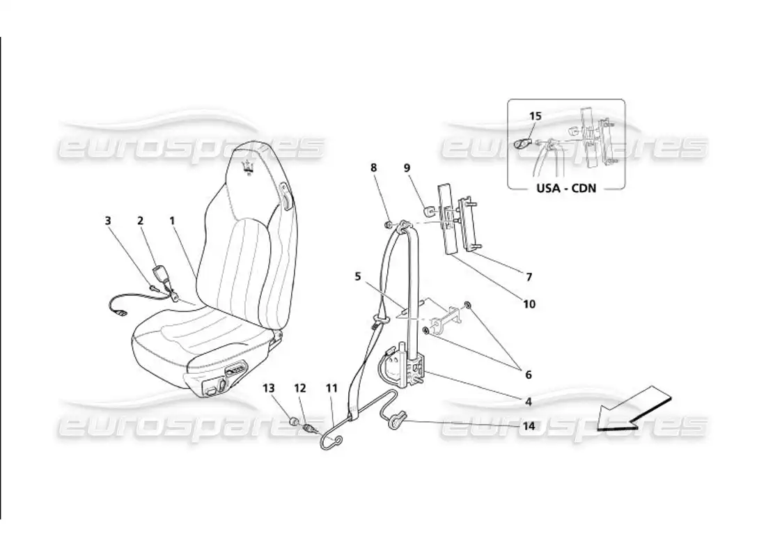 maserati 4200 gransport (2005) asiento delantero y cinturones de seguridad diagrama de piezas
