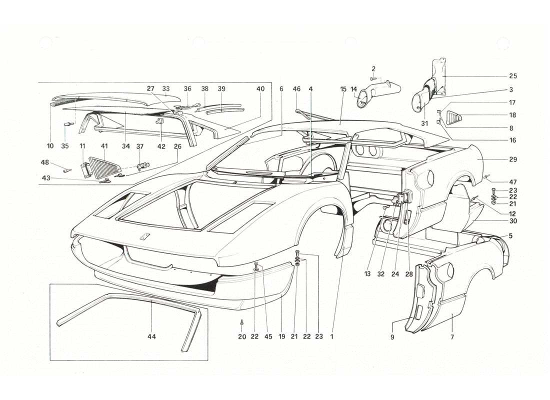 ferrari 208 gtb gts carrocería - elementos exteriores diagrama de piezas