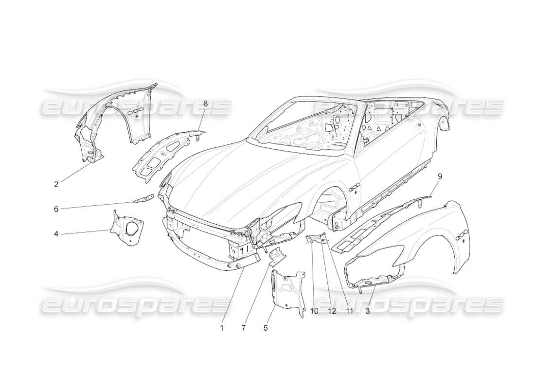 maserati grancabrio (2011) 4.7 diagrama de piezas de la carrocería y los paneles exteriores delanteros