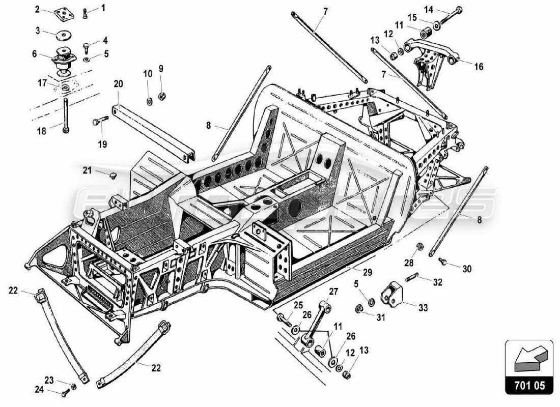 lamborghini miura p400s diagrama de piezas de los elementos del marco central