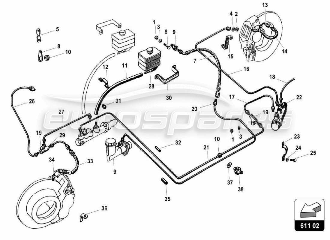 lamborghini miura p400s diagrama de piezas del sistema de frenos