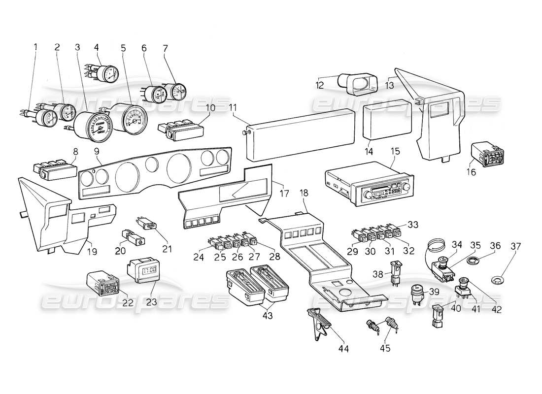 lamborghini countach 5000 qv (1985) instrumentos (válido para la variación qv - 1987 de enero) diagrama de piezas