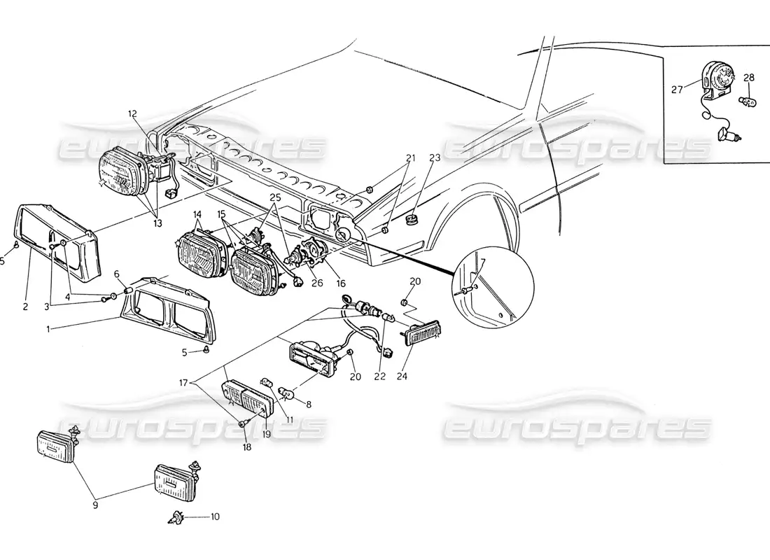 maserati 222 / 222e biturbo luces delanteras diagrama de piezas