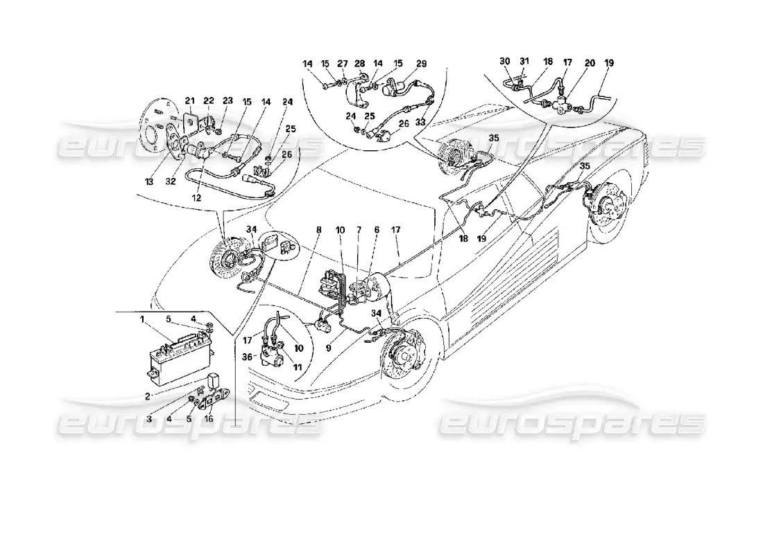 ferrari 512 tr sistema de frenos -válido para autos con abs- diagrama de piezas