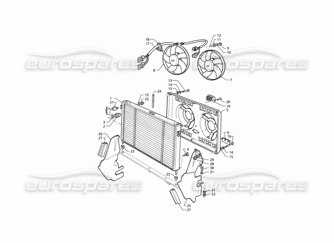 maserati qtp v8 (1998) diagrama de piezas del radiador y los ventiladores de refrigeración
