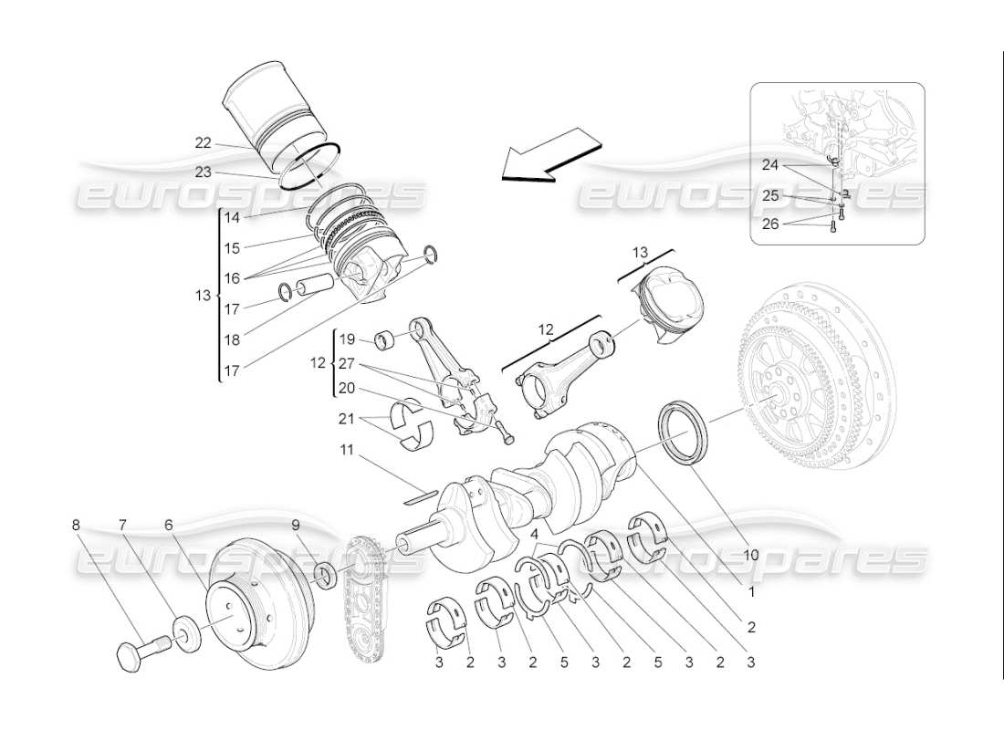 maserati qtp. (2009) 4.7 auto diagrama de piezas del mecanismo de manivela