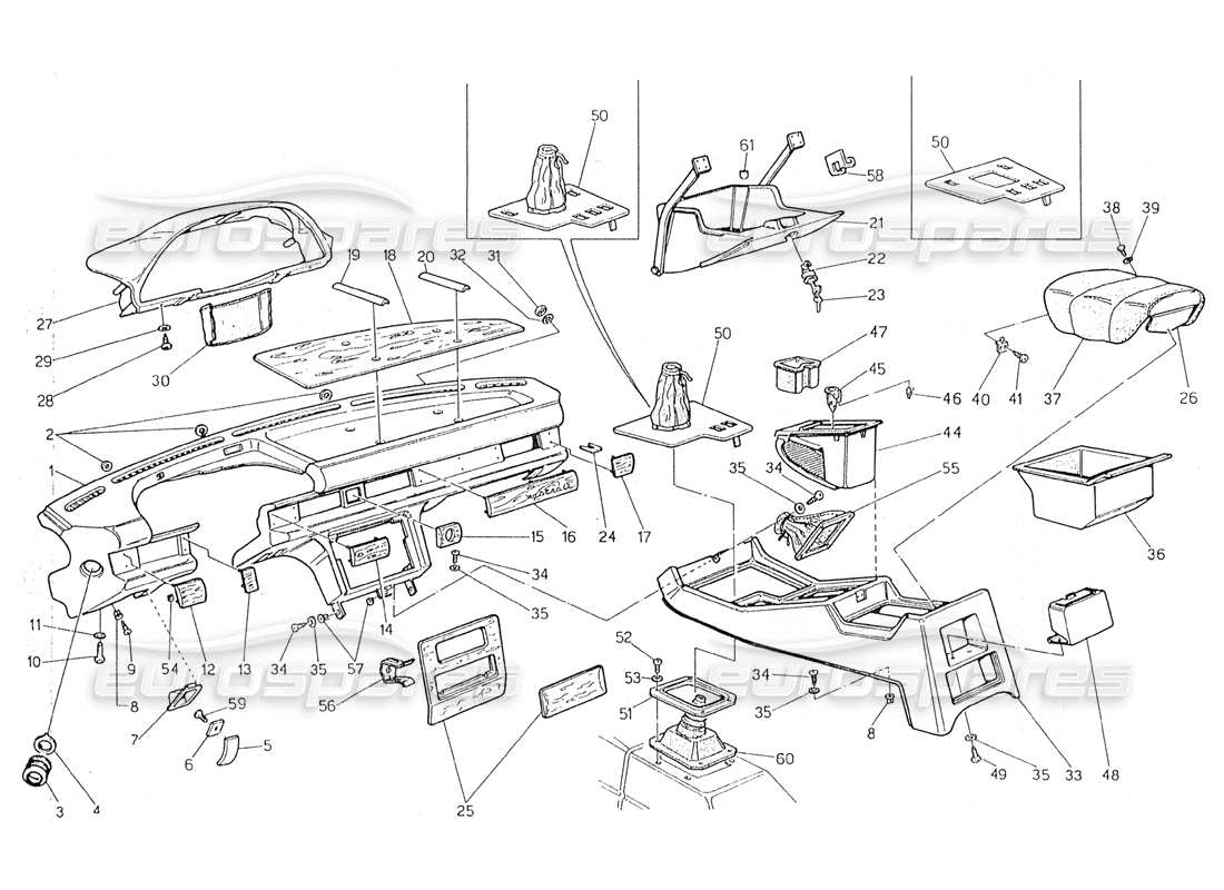 maserati 228 diagrama de piezas del panel de instrumentos y la consola (dirección izquierda)