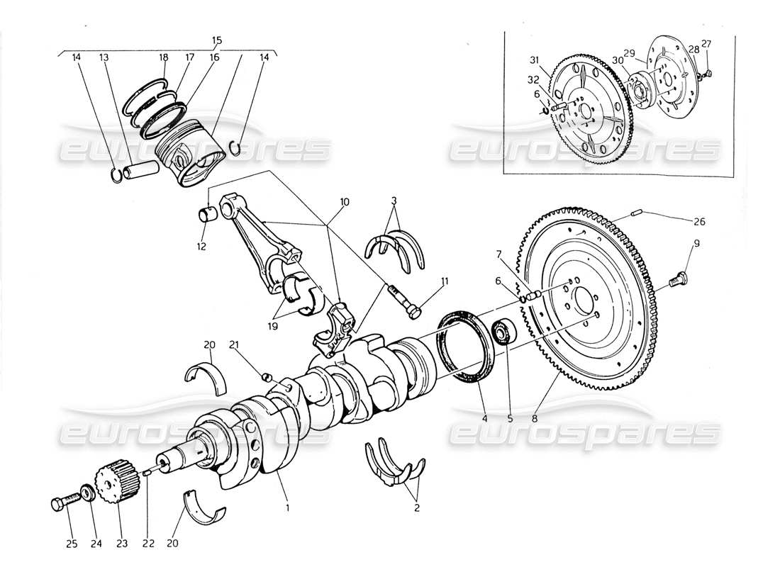maserati 228 cigüeñal - pistones - bielas y diagrama de piezas del volante