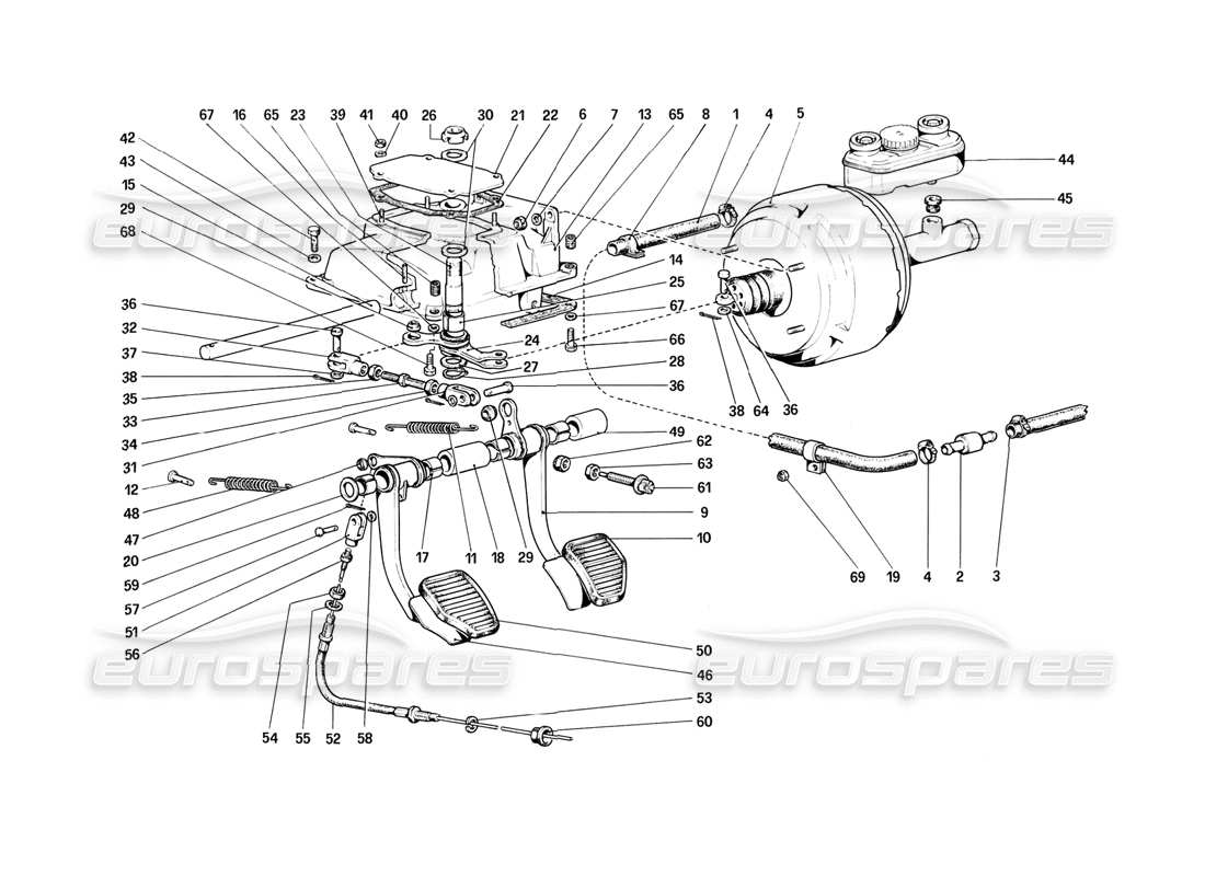 ferrari 308 (1981) gtbi/gtsi tablero de pedales - controles de freno y embrague diagrama de piezas