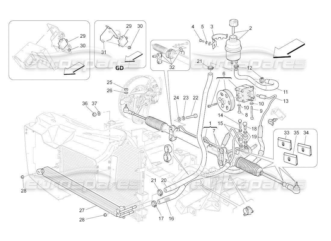 maserati qtp. (2011) 4.7 auto diagrama de piezas de la caja de dirección y la bomba de dirección hidráulica