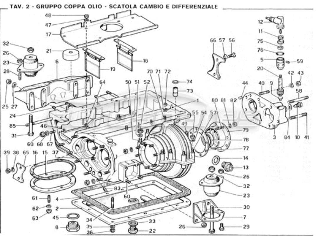 ferrari 246 gt series 1 cárter de aceite - diagrama de piezas de caja de cambios y diferencial