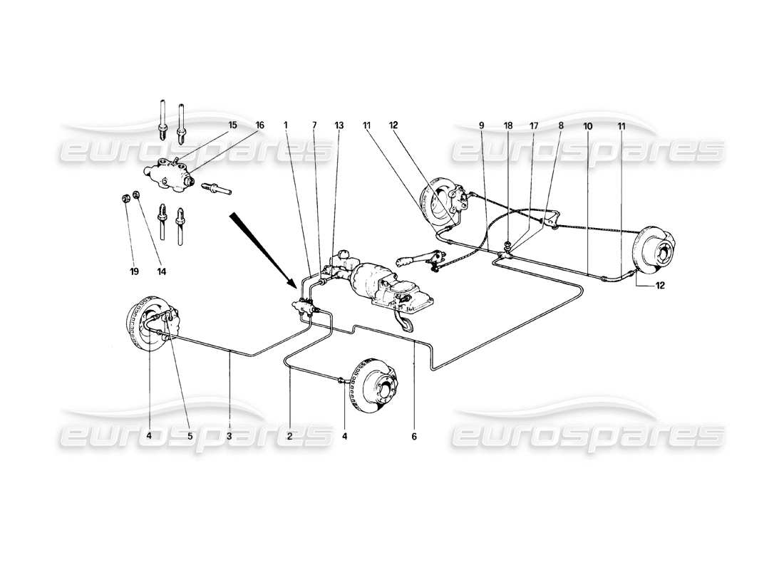 ferrari 308 (1981) gtbi/gtsi diagrama de piezas del sistema de frenos