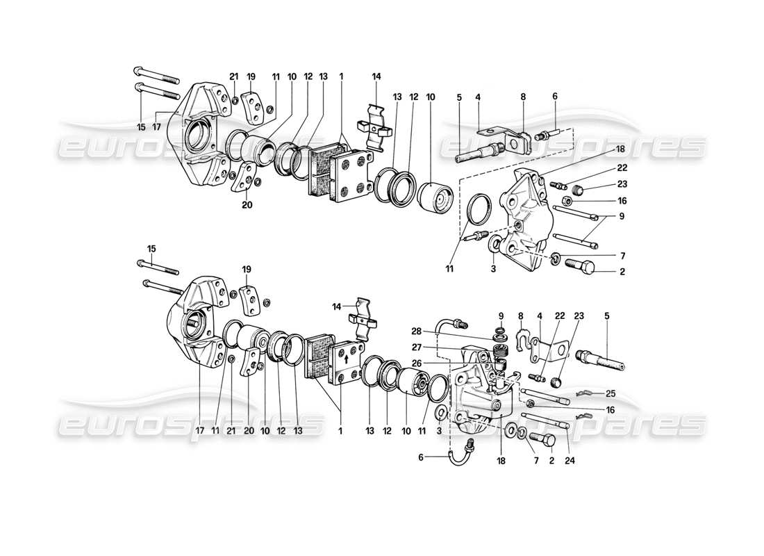 ferrari 308 (1981) gtbi/gtsi pinzas para frenos delanteros y traseros diagrama de piezas