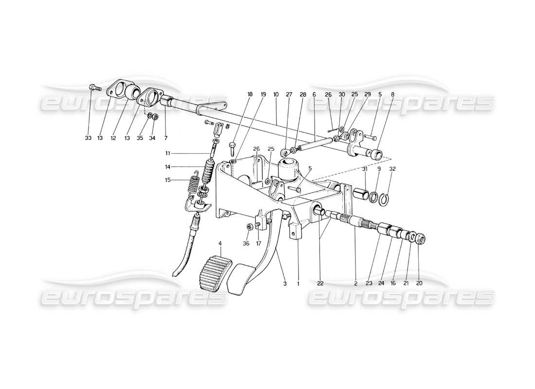 ferrari 246 dino (1975) tablero de pedales - control del embrague (variantes para versiones con volante a la derecha) diagrama de piezas
