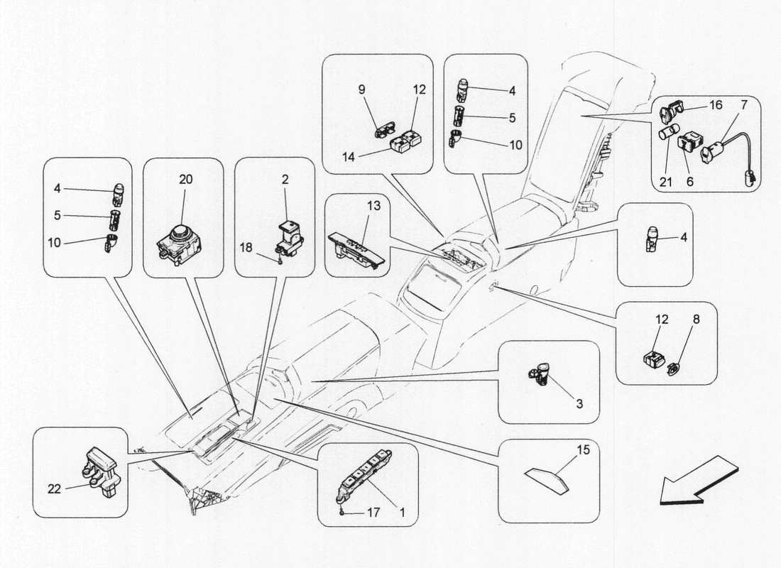 maserati qtp. v6 3.0 bt 410bhp 2wd 2017 diagrama de piezas de los dispositivos de la consola central