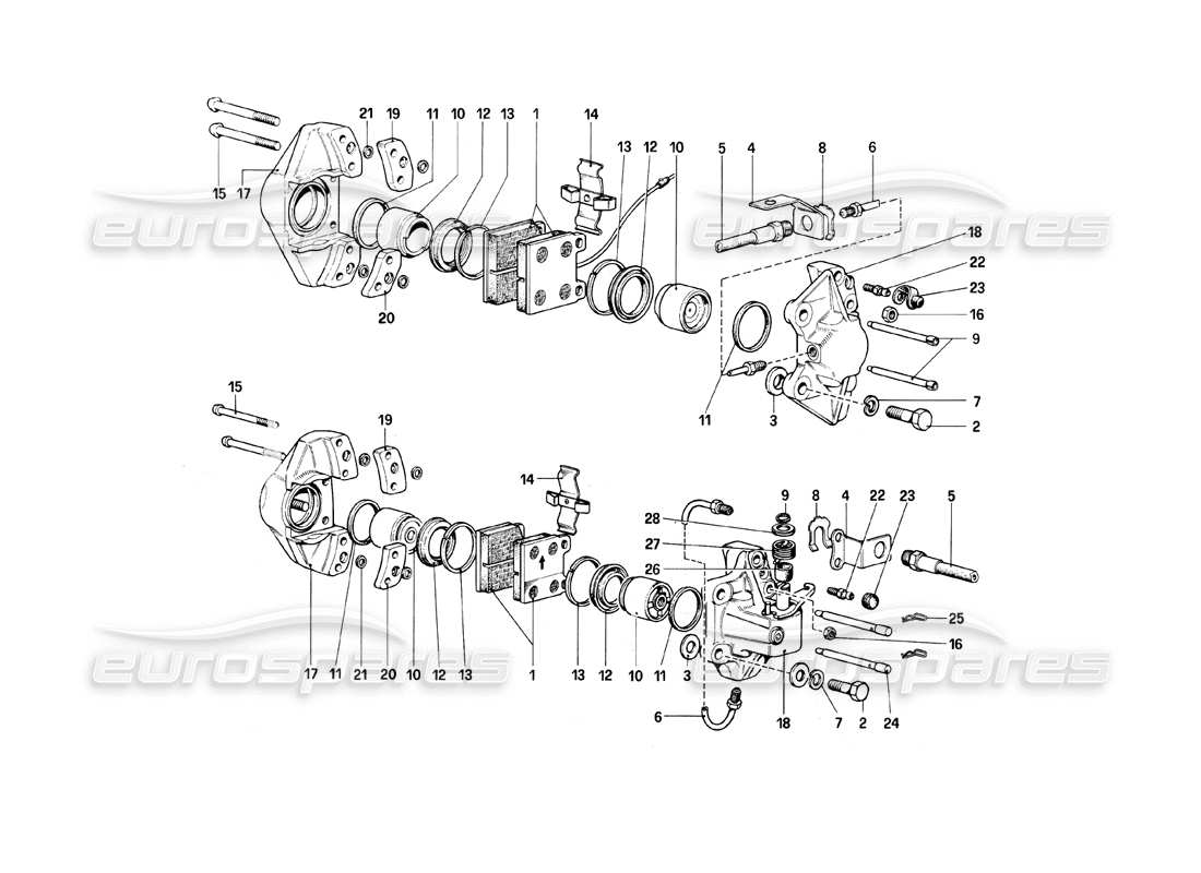 ferrari mondial 8 (1981) diagrama de piezas de pinzas para frenos delanteros y traseros