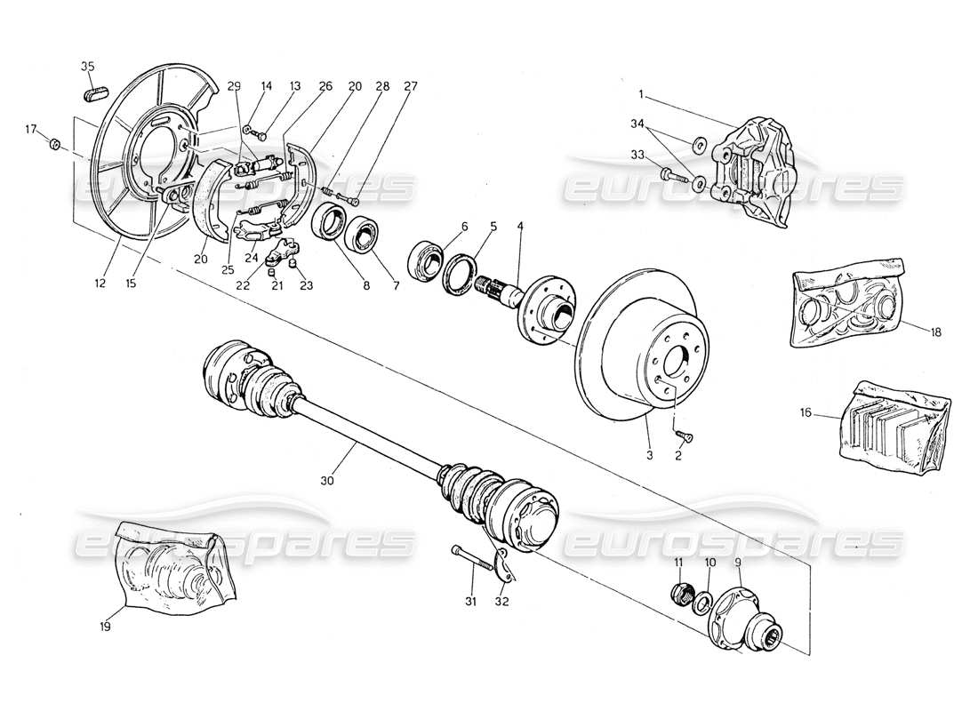 maserati 228 diagrama de piezas de bujes, frenos traseros y ejes de transmisión