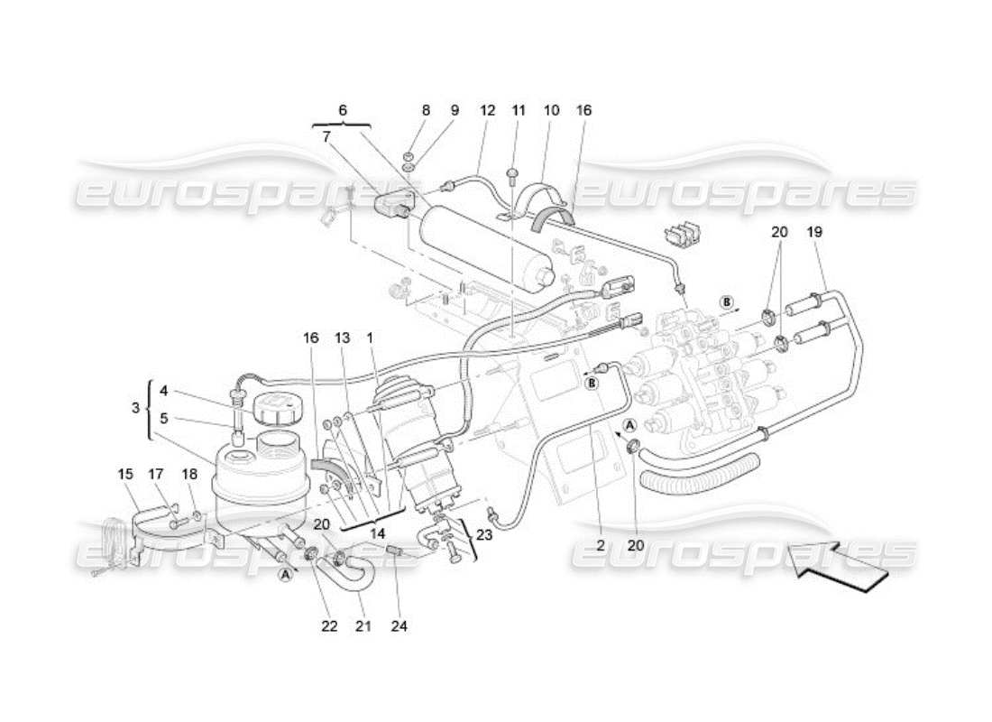 maserati qtp. (2005) 4.2 sistema hidráulico de activación de la caja de cambios: diagrama de piezas del tanque y la bomba