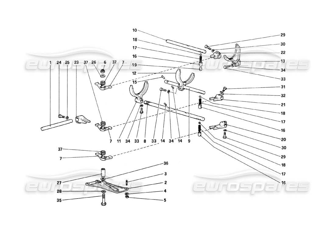 ferrari mondial 8 (1981) diagrama de piezas de los controles internos de la caja de cambios