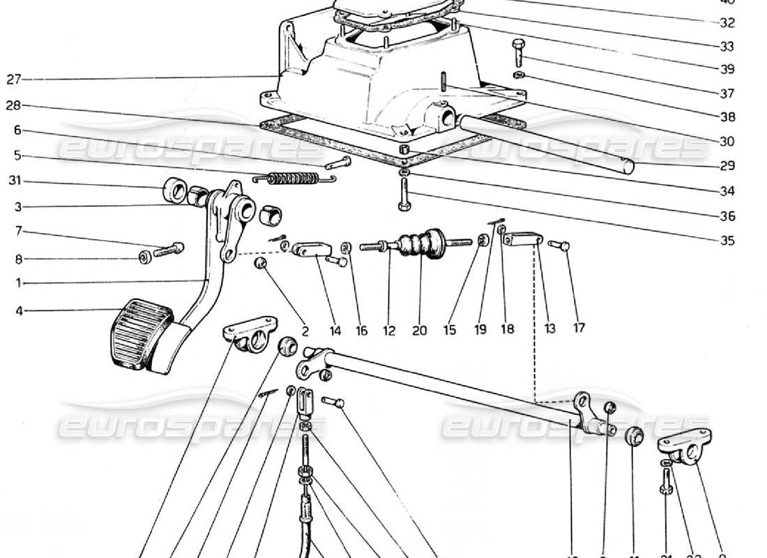 ferrari 308 gtb (1976) tablero de pedales - control de embrague (variantes para versiones rhd) diagrama de piezas