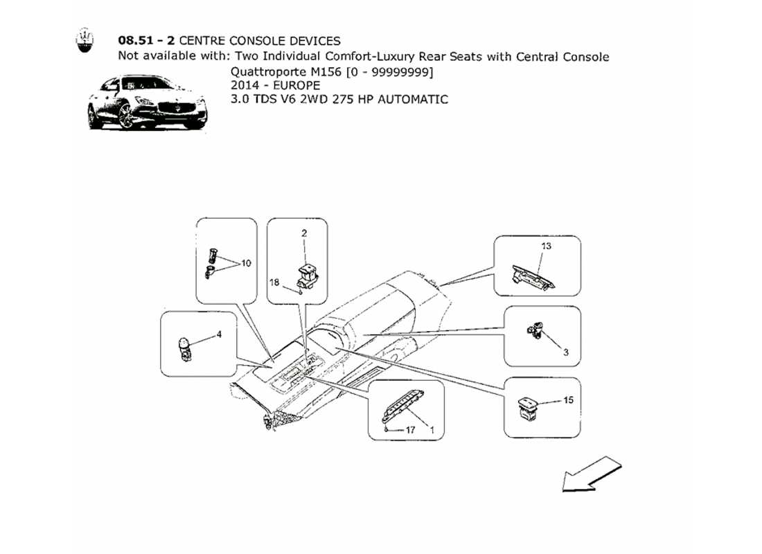 maserati qtp. v6 3.0 tds 275bhp 2014 diagrama de piezas de los dispositivos de la consola central