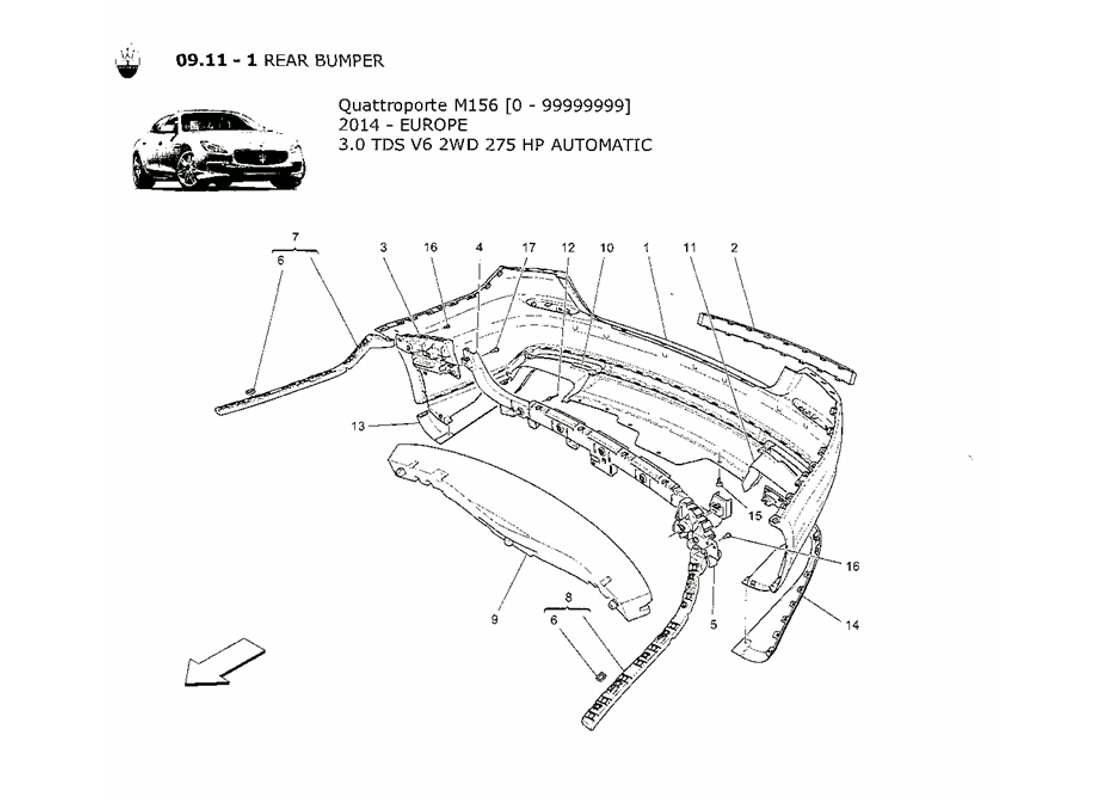 maserati qtp. v6 3.0 tds 275bhp 2014 diagrama de piezas del parachoques trasero