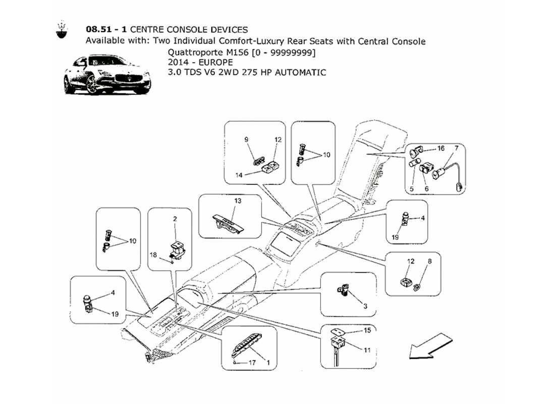 maserati qtp. v6 3.0 tds 275bhp 2014 diagrama de piezas de los dispositivos de la consola central