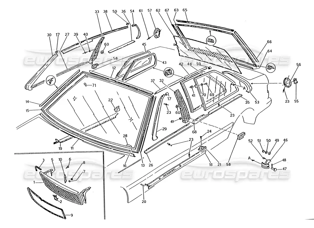 maserati 222 / 222e biturbo parrilla del radiador-remates-vidrios fijos diagrama de piezas