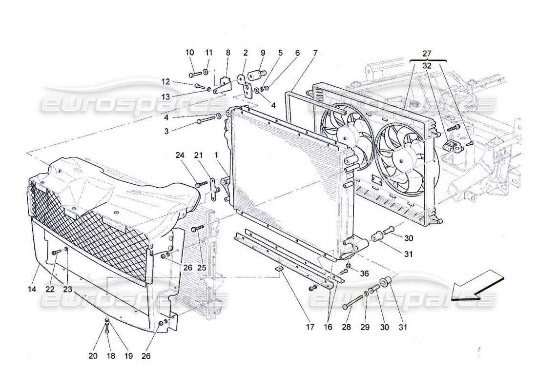 maserati qtp. (2010) 4.2 enfriamiento: diagrama de piezas de conductos y radiadores de aire