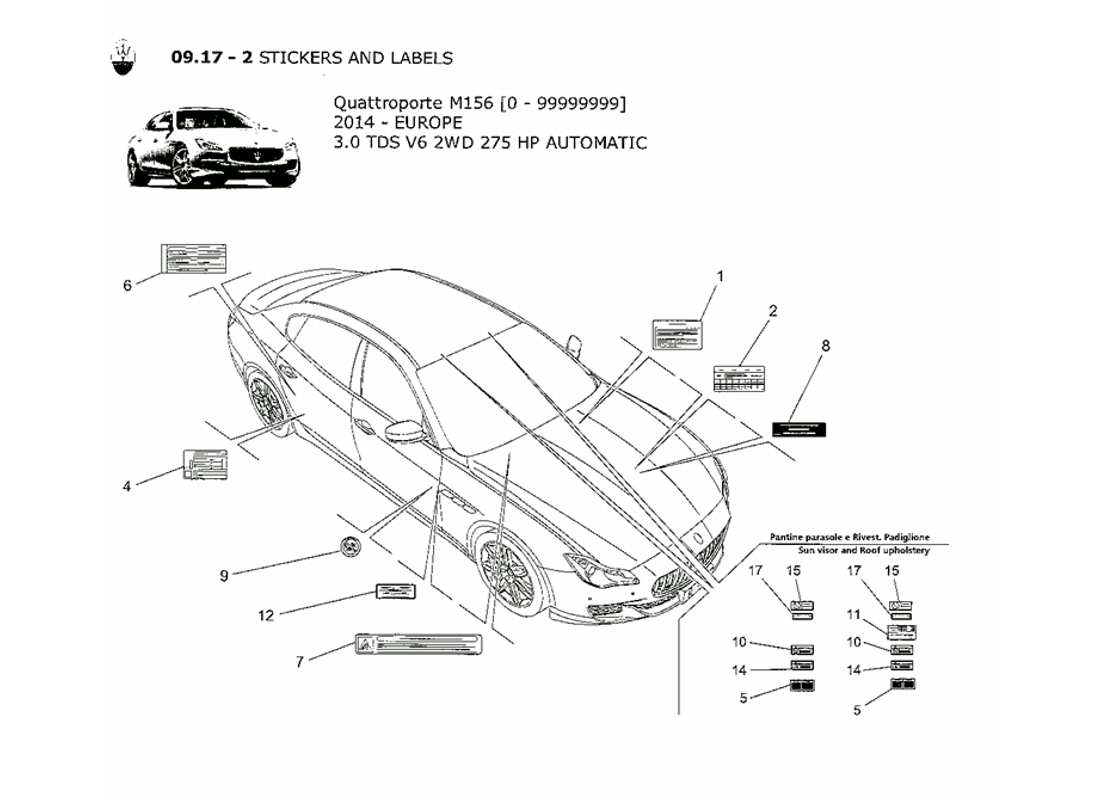 maserati qtp. v6 3.0 tds 275bhp 2014 pegatinas y etiquetas diagrama de piezas