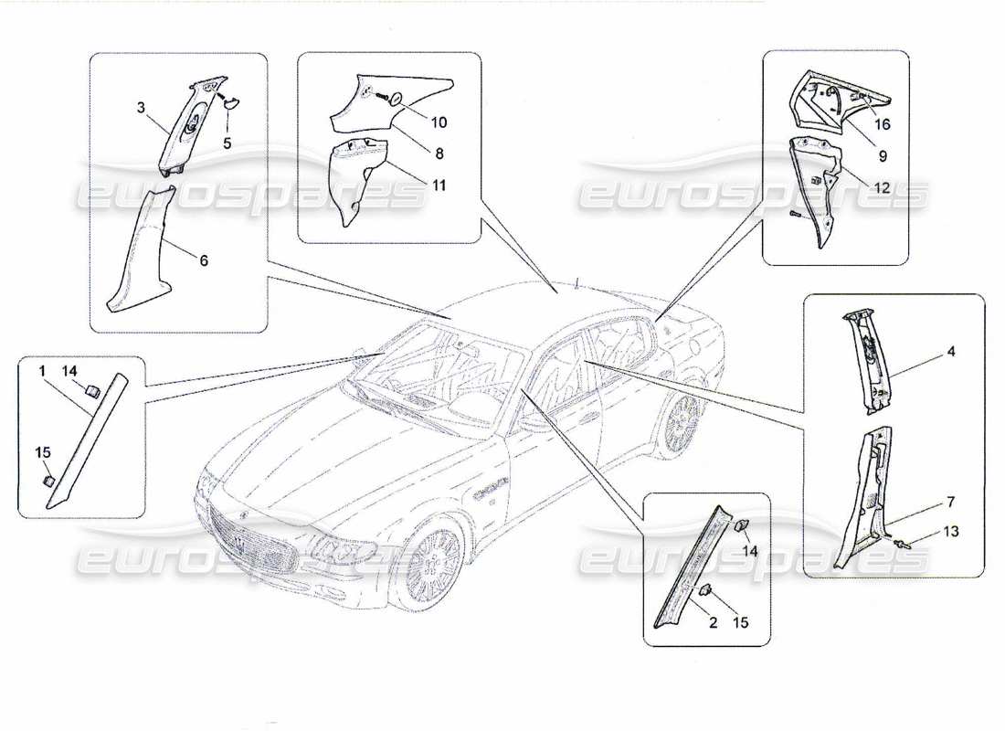 maserati qtp. (2010) 4.7 diagrama de piezas de paneles laterales y embellecedores del pilar b del compartimento de pasajeros