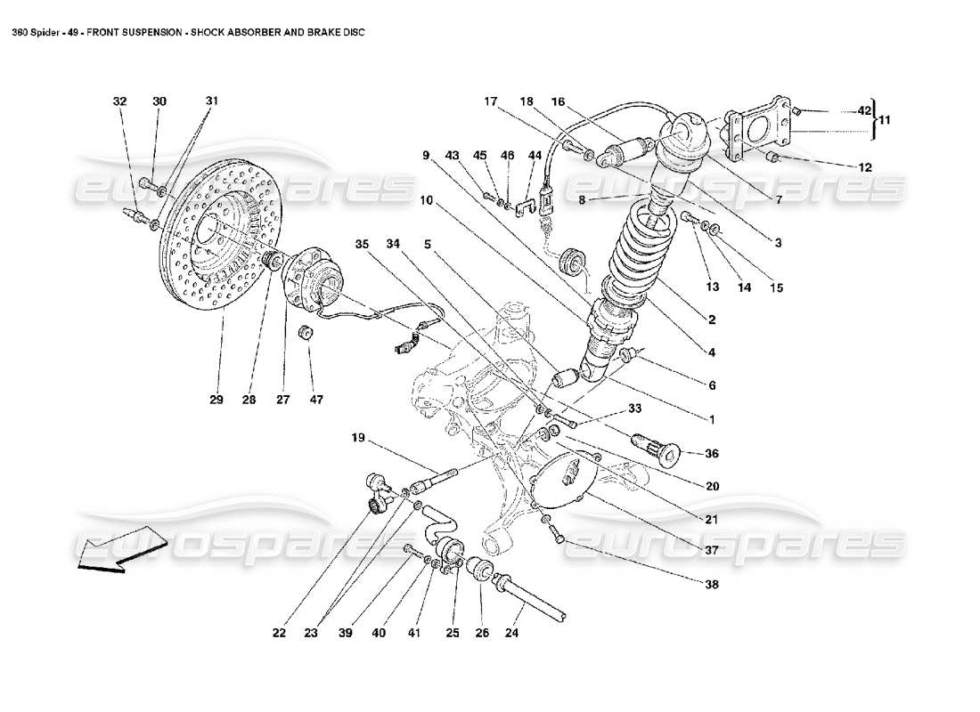 ferrari 360 spider suspensión delantera - amortiguador y disco de freno diagrama de piezas