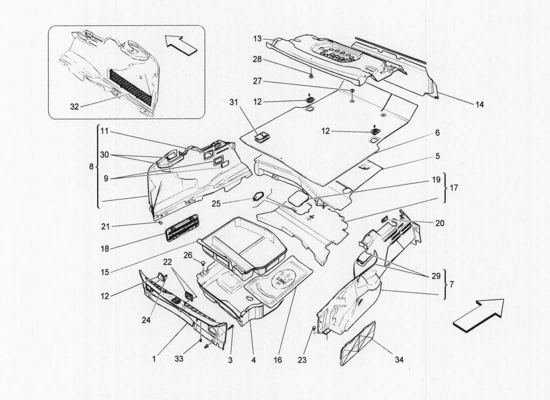 maserati qtp. v6 3.0 bt 410bhp 2wd 2017 alfombrillas del maletero diagrama de piezas