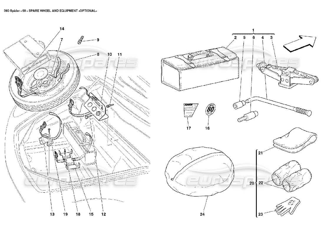 ferrari 360 spider diagrama de piezas de equipo y rueda de repuesto